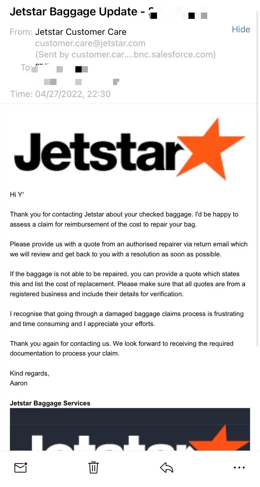 澳洲捷星航空行李箱索赔记Jetstar Claims